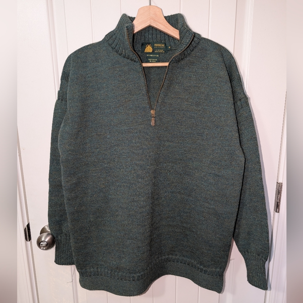 Vintage Peregrine Quarter Zip Wool Knit Sweater Men's Medium Heathered Green